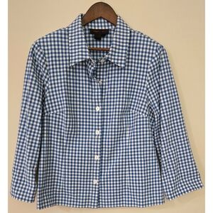 Nina McLemore Blue Seersucker Gingham Cotton Top Jacket Sz M 8 10 Stretch